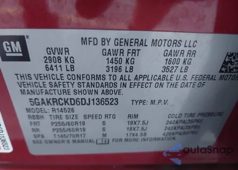 2013 Buick Enclave Leather z USA, uszkodzony, nr VIN 5GAKRCKD6DJ136523